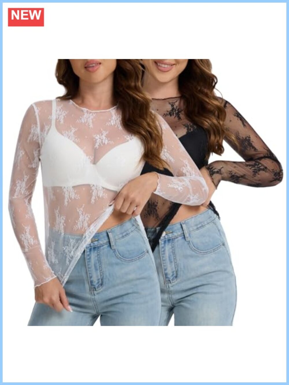 Lace Mesh Long Sleeve Blouse Floral Embroidered Mock Neck Ruffle Hem Sheer Top